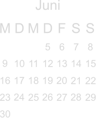 Juni M D M D F S S 2       9       16 17 18 19 20    24  26  28                      3 4 5 6 7 8  10 11 12 13 14 15      21 22 23  25  27  29 30          