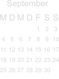 September M D M D F S S            7  9   12 13 14 15 16 17  19 20     25  27                      1 2 3 4 5 6  8  10 11       18   21 22 23 24  26  28 29  30   