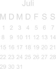 Juli M D M D F S S       6 7 8 9 10 11 12 13 14 15 16 17 18 19 20 21 22 23 24 25 26 27 28 29 30                  1 2 3  4 5                           31        